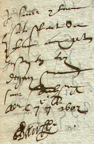 Autographe d'Adam Gau en 1602 (Extrait des minutes de Guillaume Pendaries, anne 1601, Adhg, cote 3 E 21755 f 253)